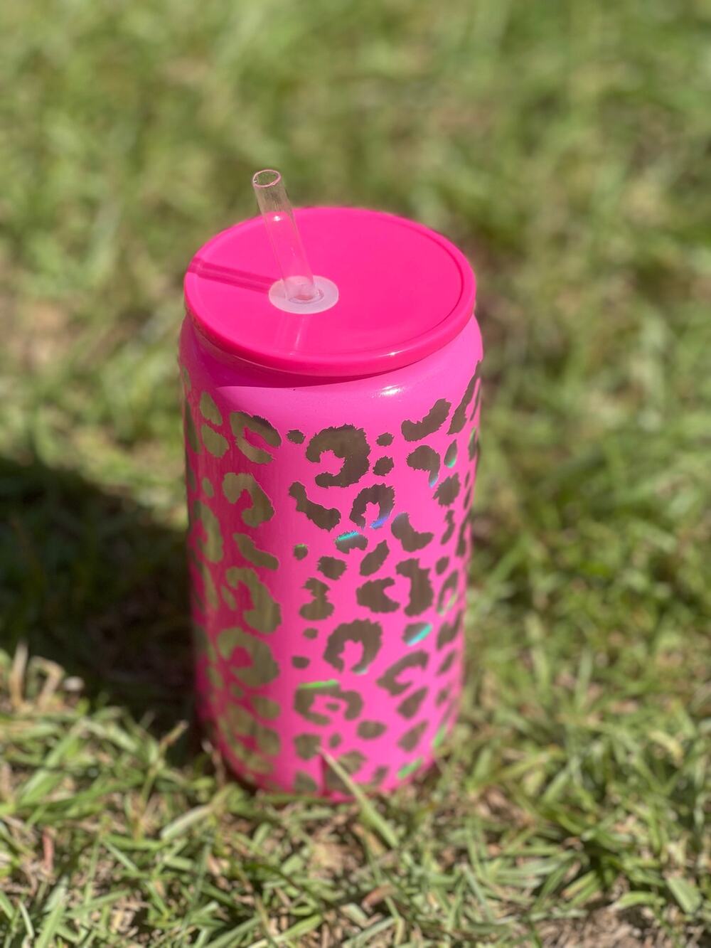 NEW 16oz Iridescent Leopard Print Glass Cup/Tumbler w/ Straw